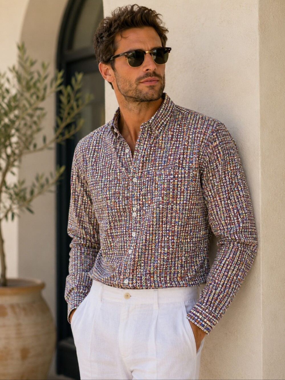 Desigual Multicolor Dot Grid Long-Sleeve Button-Down Cotton Shirt Sz XL